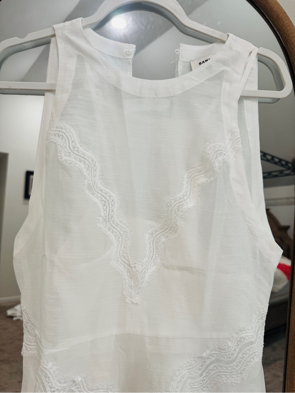 Sandro White Sleeveless Linen Dress with Lace Detail - Picture 6 of 7